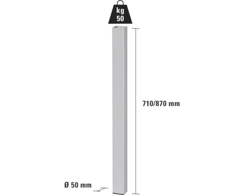 Metallstolpe med måtten 710/870 mm och en diameter på 50 mm med en maximal lastkapacitet på 50 kg