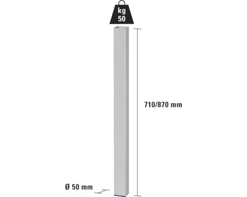 Metallstolpe med måtten 710/870 mm och en diameter på 50 mm