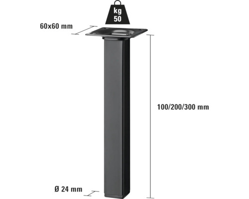 Svart, fyrkantigt bordsben med måtten 60 x 60 millimeter och en maximal lastkapacitet på 50 kilogram.