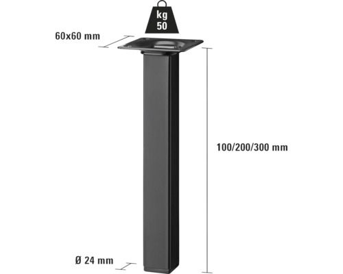 Svart möbelben i metall med måtten 100/200/300 mm och en lastkapacitet på 50 kg.
