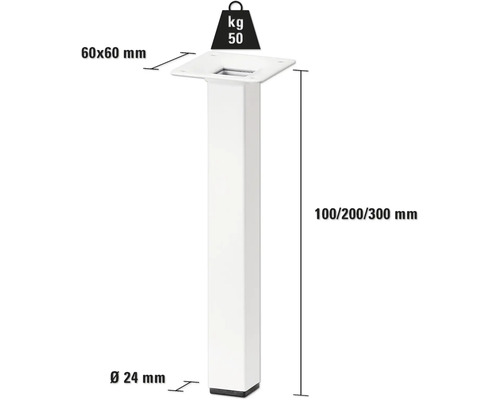 Produktdiagram över ett bordsben med måtten 60 x 60 mm, diameter 24 mm, höjd 100, 200 eller 300 mm och en lastkapacitet på 50 kg.