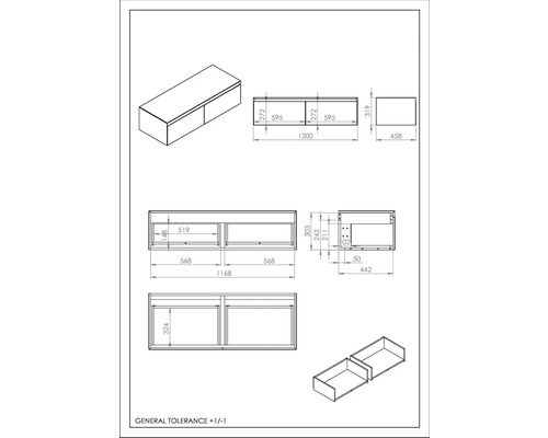Teknisk ritning av ett underskåp med lådor och måttangivelser