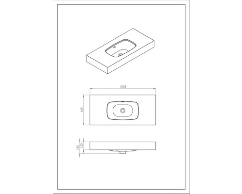 Ritning av en tvättställsskiva med måtten 1008 x 460 x 180 millimeter.