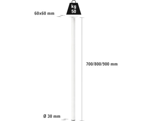 Bordsben av metall, diameter 30 mm, längd 700, 800 eller 900 mm, lastkapacitet 50 kg