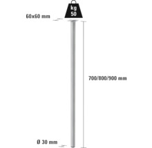 Teknisk ritning av ett möbelben med måtten 60x60 mm, diameter 30 mm och en höjd av 700, 800 eller 900 mm med en lastkapacitet på 50 kg.