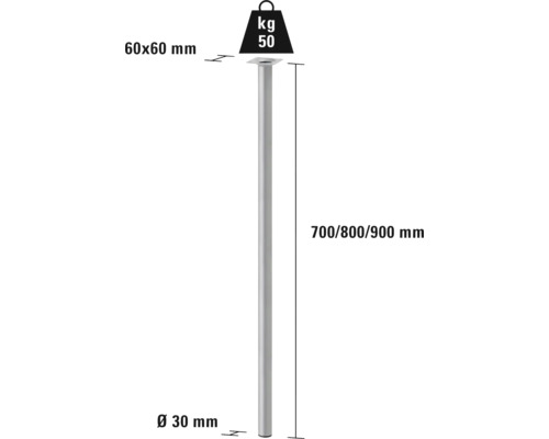 Illustration av ett metallstöd med måtten 700, 800 eller 900 mm högt och 30 mm i diameter.