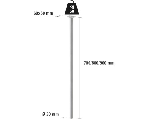Teknisk ritning av ett bordsben med måtten 700, 800 eller 900 millimeter långt och 30 millimeter i diameter