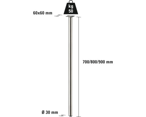 Bordsben av metall, diameter 30 millimeter, längd 700, 800 eller 900 millimeter, lastkapacitet 50 kilogram