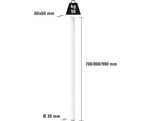 Produktdiagram stöd ben med måtten 700, 800 och 900 millimeter och en lastkapacitet på 50 kilogram