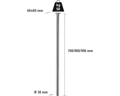 Ritning av ett bordsben med måtten 60 x 60 millimeter, diameter 30 millimeter och en längd på 700, 800 eller 900 millimeter