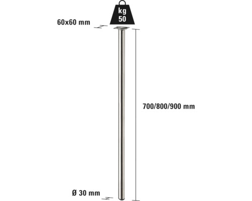 Bild av ett bordsben med måtten 60 x 60 mm, diameter 30 mm, höjd 700, 800 och 900 mm, lastkapacitet 50 kg.