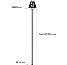 Teknisk ritning av ett bordsben med måtten 60x60 mm för monteringsplattan, 30 mm diameter och 700, 800 eller 900 mm längd. Den maximala lastkapaciteten är 50 kg.