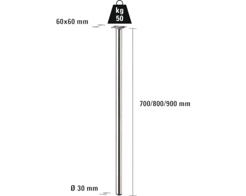 Teknisk ritning av ett bordsben med måtten 60x60 mm för monteringsplattan, 30 mm diameter och 700, 800 eller 900 mm längd. Den maximala lastkapaciteten är 50 kg.