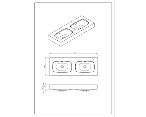 Ritning av ett tvättställsskåp med dubbla handfat och måttangivelser