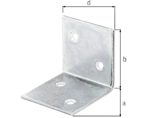 Vinkelbeslag av metall med måtten a, b och d