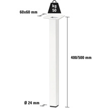 Teknisk ritning av ett möbelben med måtten 60x60 mm, diameter 24 mm och en höjd av 400 till 500 mm, lastkapacitet 50 kg.
