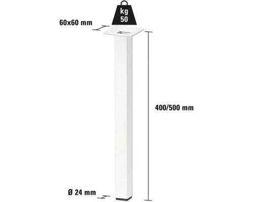 Teknisk ritning av ett möbelben med måtten 60x60 mm, diameter 24 mm och en höjd av 400 till 500 mm, lastkapacitet 50 kg.