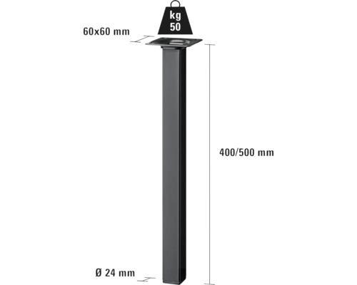 Bordsben av metall, lastkapacitet 50 kg, diameter 24 millimeter, höjd 400 till 500 millimeter
