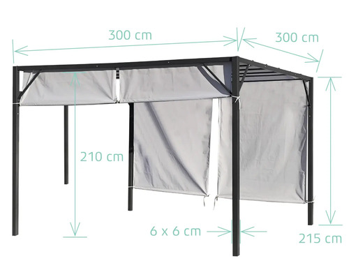 Paviljong med måtten 300 x 300 x 210 cm och ytterligare detaljmått