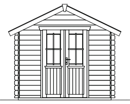 Illustration av ett trädgårdshus med dubbeldörr.