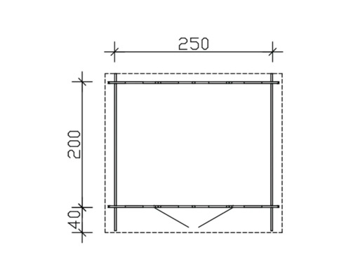 Teknisk ritning av ett trädgårdshus med måtten 250 gånger 200 centimeter