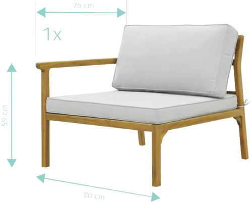 Trädgårdsfåtölj med armstöd av trä med kuddar och måttangivelser