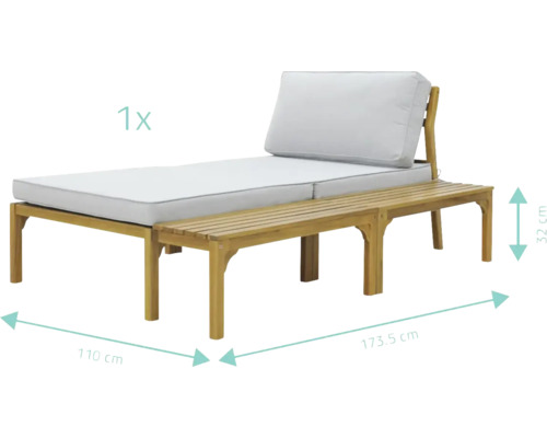 Trädgårdsstol med fotpall i trä och klädsel, mått visas