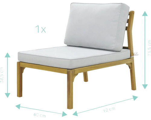Trädgårdsfåtölj av trä med dynor och måttangivelser