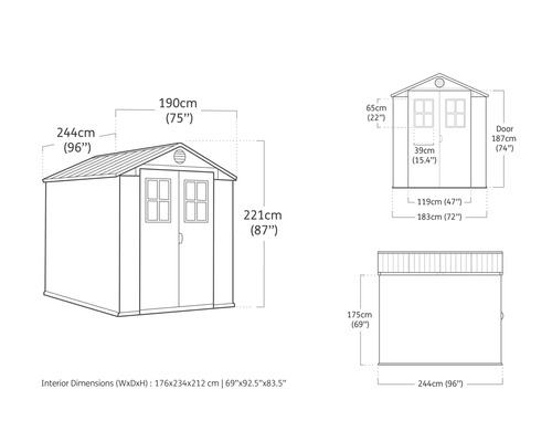 Mått på ett trädgårdsskjul som en teknisk ritning