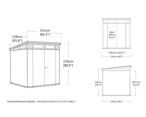 Illustration av dimensionerna på ett trädgårdsskjul