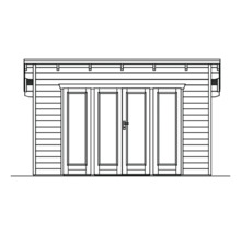Illustration av ett trädgårdshus med dubbeldörr