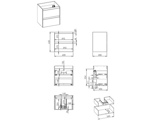Teknisk ritning av ett tvättställsskåp med mått