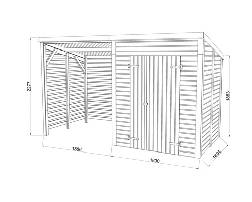 Teknisk ritning av ett trädgårdsskjul med dimensioner