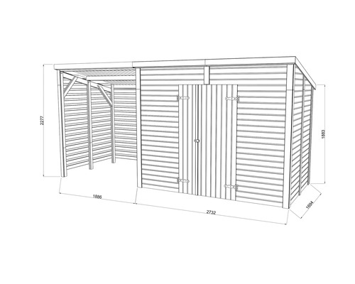 Illustration av ett trädgårdsskjul med dimensionerna