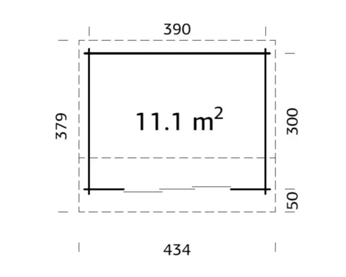 Planritning med mått: 390 x 379 x 434 x 300 x 50, area 11.1 kvadratmeter
