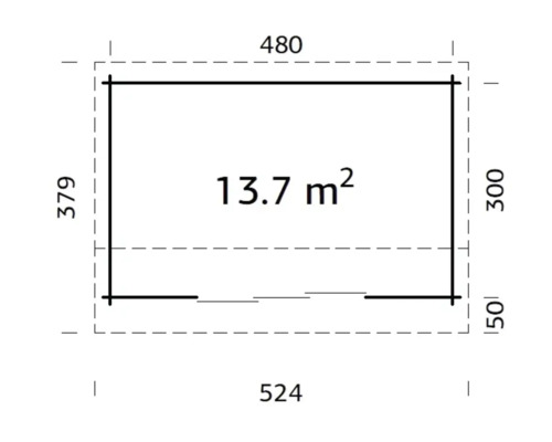 Ritningsskiss med måtten 480 x 379 centimeter och en yta på 13,7 kvadratmeter