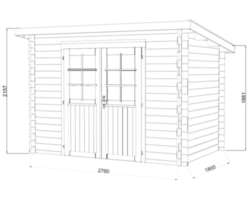 Illustration av ett trädgårdshus med mått.