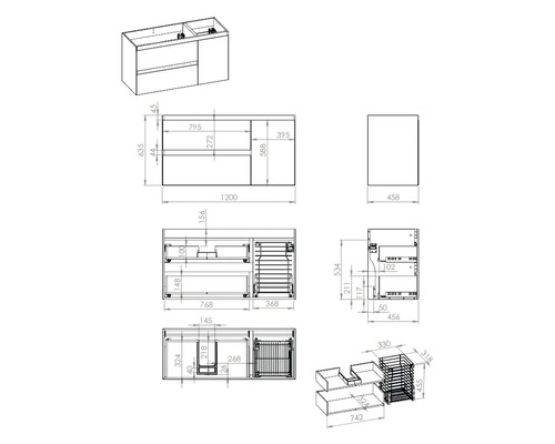 Teknisk ritning av ett underskåp för tvättställ med dimensioner