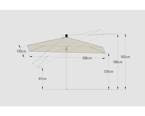 Måttillustration av ett parasoll med höjd- och bredddata