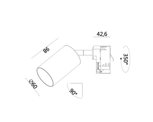 Teknisk ritning av en strålkastare med måtten 86, 42,6 och diameter 60 med 350 graders rotation och 90 graders vinkel