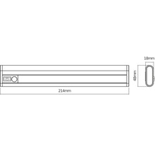 Teknisk ritning av en underskåpslampa med måtten 214 millimeter längd, 48 millimeter höjd och 18 millimeter bredd