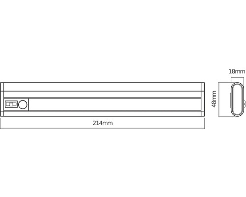 Teknisk ritning av en underskåpslampa med måtten 214 millimeter längd, 48 millimeter höjd och 18 millimeter bredd