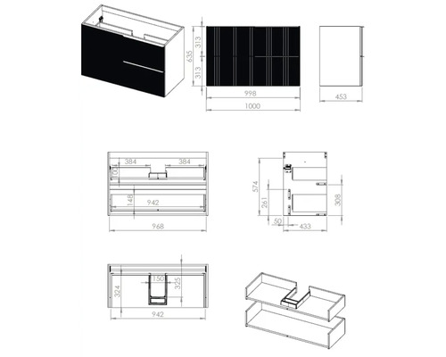 Teknisk ritning av ett tvättställsskåp med måttangivelser