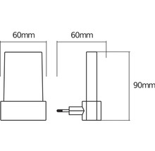 Teknisk ritning av en lampa med måtten 60 mm och 90 mm.