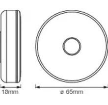Teknisk ritning av en rosett med måtten 65 millimeter i diameter och 18 millimeter i tjocklek.
