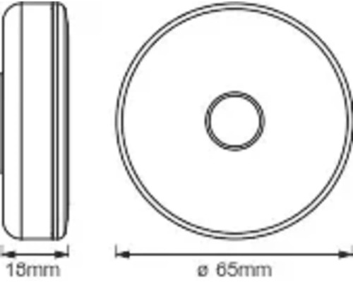 Teknisk ritning av en rosett med måtten 65 millimeter i diameter och 18 millimeter i tjocklek.