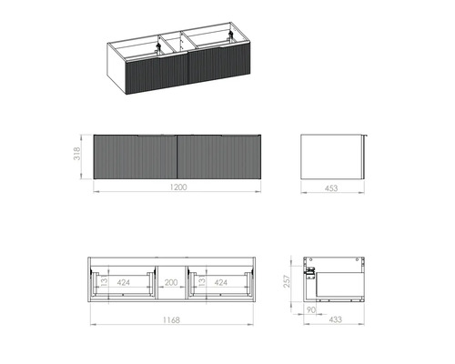 Ritning av ett tvättställsskåp med dimensioner