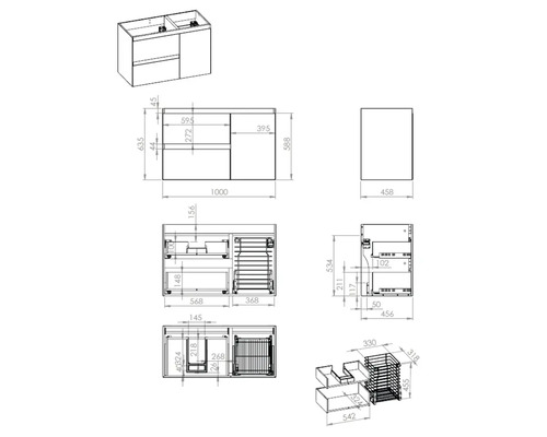 Teknisk ritning av ett tvättställsskåp med mått.
