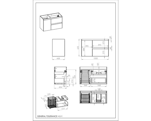 Teknisk ritning av ett tvättställsskåp med mått