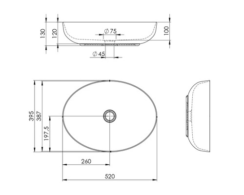 Teknisk ritning av en tvättställsskål med mått